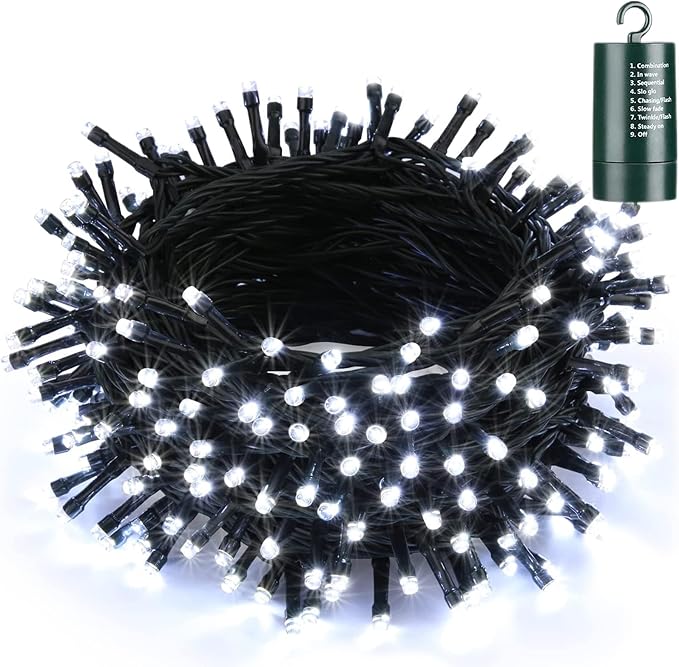 Joomer Battery Christmas Lights, 66ft 200LED Fairy Lights Battery Operated Timer 8 Modes Waterproof for Outdoor Home Garden Party Holiday Christmas Trees Decoration (White)