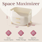 Large Makeup Cosmetic Countertop - Cosmetic Organizer - Vanity, Bathroom Storage for Skin Care Organizer - Space-Saving Design with Drawers - Open-Top, Gold Accents, Portable Side Handles (White)