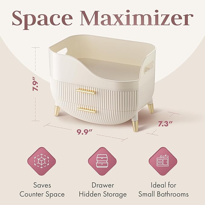 Large Makeup Cosmetic Countertop - Cosmetic Organizer - Vanity, Bathroom Storage for Skin Care Organizer - Space-Saving Design with Drawers - Open-Top, Gold Accents, Portable Side Handles (White)