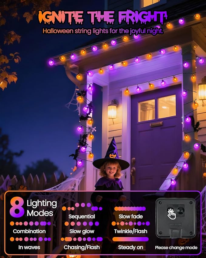 LORRYTE 2-Pack 100 LED 64FT Purple and Orange Solar Halloween Lights, Outdoor Waterproof Solar Globe String Lights with 8 Lighting Modes, Halloween Outdoor Decorations for Garden Party