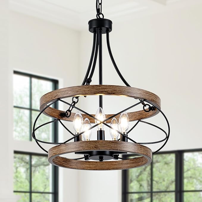 5-Light Farmhouse Chandelier, 17.72" Rustic Drum Dining Room Light Fixture, Vintage Wood Finish Metal Hanging Pendant Lighting, Industrial Candle Chandeliers for Living Room Kitchen Entryway Bedroom