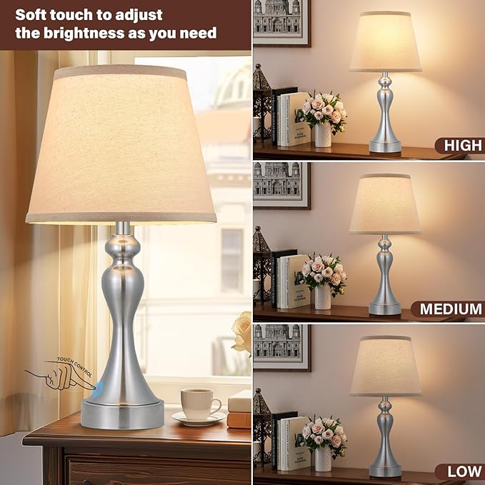 Seealle Touch Lamps for Night Stands - Bedside Lamps Set of 2, 3 Way Dimmable, USB C+A for Bedroom & End Tables (Oat&Nickel)
