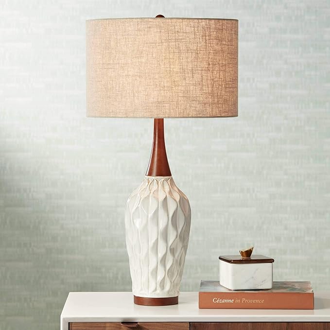 360 Lighting Rocco Mid Century Modern Table Lamp 30" Tall White Wave Geometric Ceramic Oak Wooden Neck Tan Fabric Drum Shade for Living Room Bedroom House Bedside Nightstand Home Office