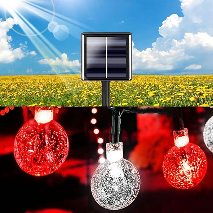 Red and White Solar Christmas String Lights, 2-Pack Total 100 LED 64FT Crystal Globe Solar Lights Outdoor Waterproof, Christmas Decorations with 8 Lighting Modes for Xmas Tree Wedding Patio Party