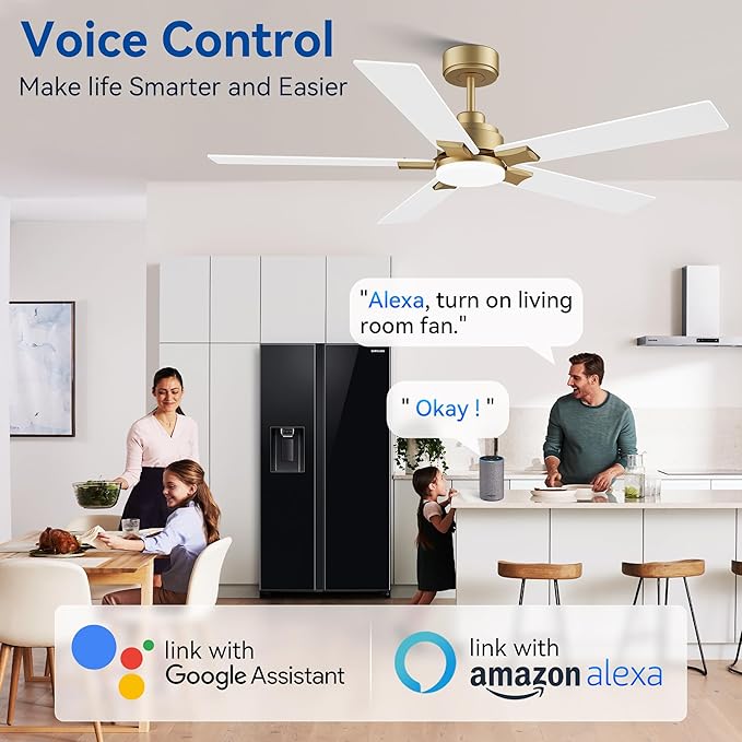 52Inch Smart Ceiling Fan with Lights Remote,APP&Alexa WIFI Controled,Quiet Reversible DC Motor,Dimmable LED,Indoor Outdoor Modern Ceiling Fan,for Living Room Bedroom Patio Porch,Gold White&Black