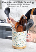 Nucookery 360°Rotating Utensil Holder, 7.2" Kitchen Utensil Crock, Ceramic Cooking Utensil Organizer with Countertop-Protection Cork Bottom for Farmhouse Kitchen Decor Christmas (Marble Pattern)