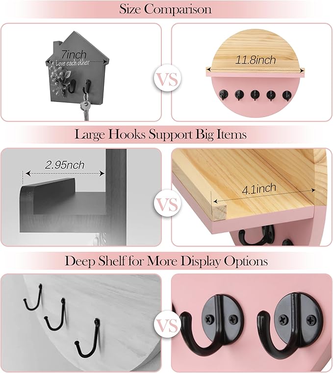 Pink Key Holder for Wall with Shelf - Wood Mail Organizer and Rack with Shelf Hooks Wall Mounted for Entryway Decor Magazines Letter Storage Farmhouse Living Room Bedroom Doorway