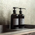 16oz Glass Soap Dispenser with Stainless Steel Pump, 21 Waterproof Labels, Non-Slip Protective Silicone Pad, Set of 2 for Bathroom & Kitchen (Gloss Black Bottle/Black Pump)
