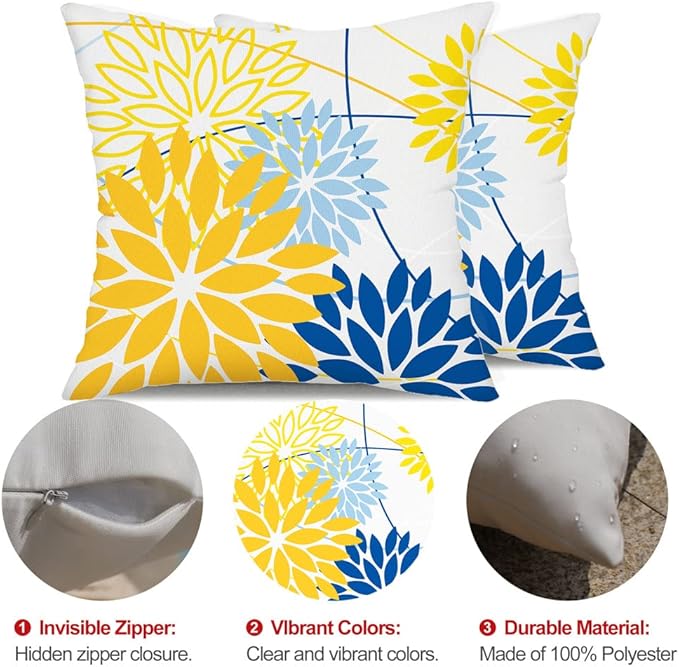 Yellow Blue Outdoor Pillow Cover 18X18 Inch Set of 2 Outdoor Waterproof Summer Floral Yellow Decorative Pillow case Decor for Couch Patio Funiture Garden Print Polyester Cushion Cover 01J18