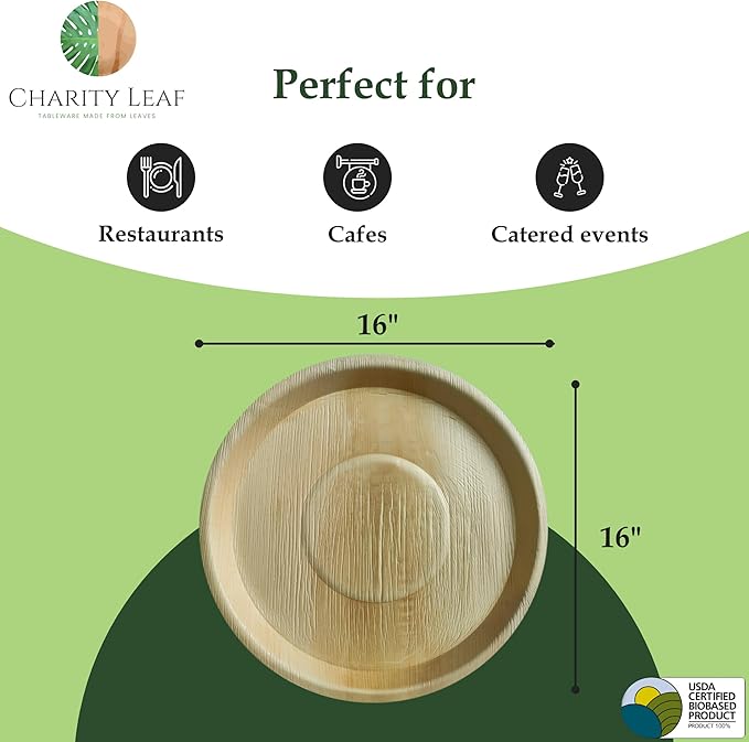 Charity Leaf Disposable Palm Leaf 16" Round Trays (100 pieces) Bamboo Like Serving Platters, Disposable Boards, Eco-Friendly Dinnerware For Weddings, Catering, Events Visit the Store