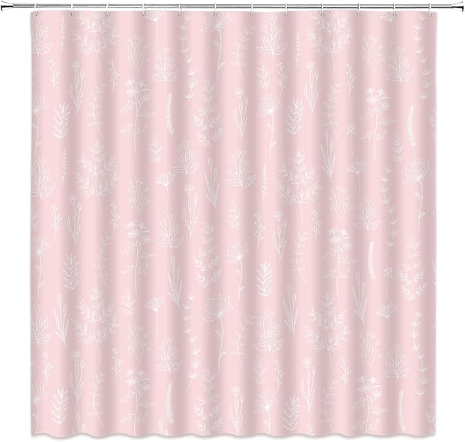 Pink Botanical Shower Curtain Vintage Herbs Floral Farmhouse Cute Boho Leaves Plant Retro Flowers Bathroom Curtain Set with Hooks(59" Wx70 H)