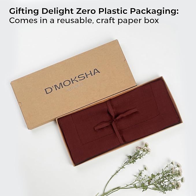 D'Moksha Homes Linen Dark Red Table Runner 120 Inches Long - 100% Pure Linen Hemstitch 14 x 120 Inch Table Runner for Dining, Fall, Autumn and Halloween - Classic Hemstitch
