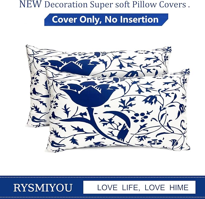 Decorative Throw Pillow Covers Set of 2 Blue Pillow Covers 12x20 inch Short Plush Couch Pillow Cases Floral Throw Pillows,Farmhouse Outdoor Pillow Covers for Sofa Living Room Cushion Covers
