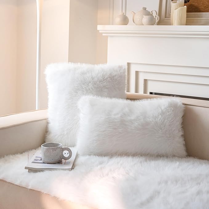 Neelvin Cream White Faux Fur Cozy Fluffy Double-Sided Decorative Throw Pillow Covers 18x18 inch Set of 2,Velvet Pillowcase Cushion Case for Sofa Couch