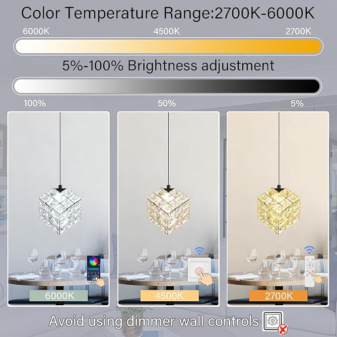 1-Light Modern Black Pendant Light Fixtures for Kitchen Island Small Hanging Crystal Chandelier for Bedroom Entryway Living Room Foyer Hallway LED Dimmable Chandeliers for Dining Room