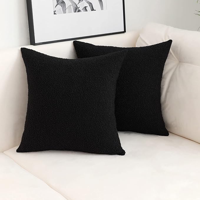 Jeneoo Black Decorative Square Thick Throw Pillow Covers Boucle Couch Cushion Case for Livingroom Sofa Decor, Set of 2, 18 x 18 Inch