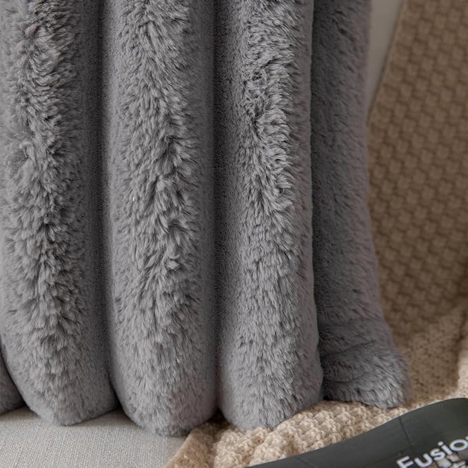 Faux Fur Plush Throw Pillow Covers 20x20 Inch Set of 2 - Luxury Decorative Fuzzy Striped Soft Cozy Pillowcase for Couch, Sofa, Living Room - Darkgrey