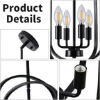 Black Chandelier Light Fixture, 4-Light Dining Room Chandelier Over Table Farmhouse Rustic Small Entryway Chandeliers Hanging Island Pendant Lights for Kitchen Entryway Foyer Living Room