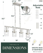 LMS 4-Light Brushed Nickel Island Chandelier Lights for Kitchen, Mid Century Pendant Light with Hammered Glass Shade, Farmhouse Dining Room Light Fixture, Kitchen Island, LMS-171BN-4