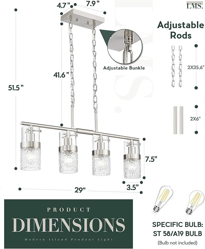 LMS 4-Light Brushed Nickel Island Chandelier Lights for Kitchen, Mid Century Pendant Light with Hammered Glass Shade, Farmhouse Dining Room Light Fixture, Kitchen Island, LMS-171BN-4