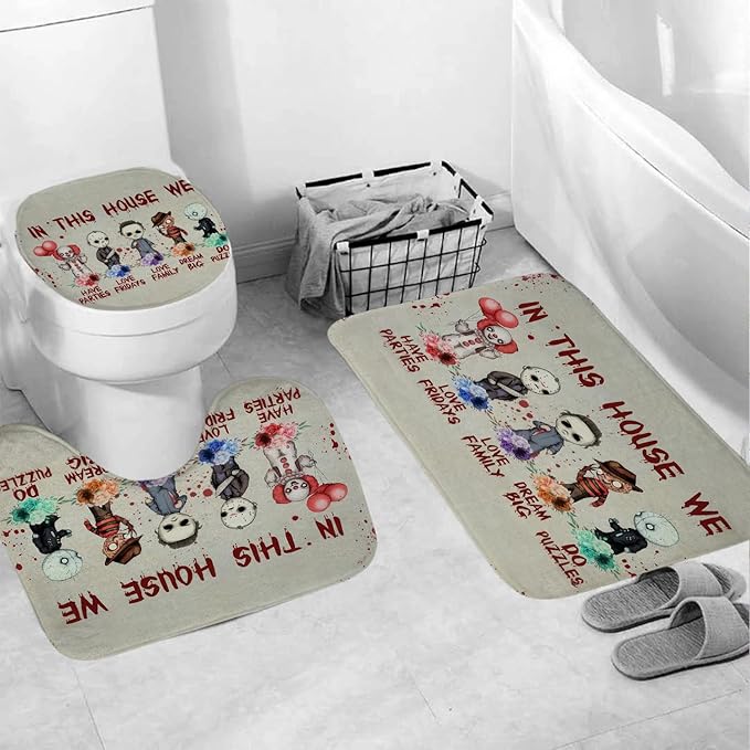 Halloween Horror Bathroom Decor Set with Creepy Cartoon Shower Curtain and Mats, 4-Piece Scary Bathroom Sets, Waterproof Curtain with Hooks, Non-Slip Rug Set for Spooky Decor