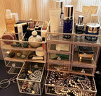 Stackable 3Pieces Drawer Set Glass Makeup Organizer Antique Countertop Vanity Cosmetic Storage Box Mirror Glass Beauty Display, Holder for Brushes Lipsticks Skincare Toner with free Pearl (Brass)