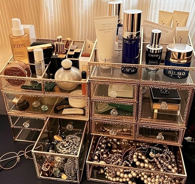Stackable 3Pieces Drawer Set Glass Makeup Organizer Antique Countertop Vanity Cosmetic Storage Box Mirror Glass Beauty Display, Holder for Brushes Lipsticks Skincare Toner with free Pearl (Brass)