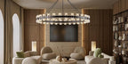 60 Inch Black Wagon Wheel Chandelier with Crystal Shade, 60 Lights, Modern Farmhouse Style, Ideal for Dining Room, Kitchen, Entryways