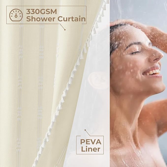 downluxe Linen Texture 3 in 1 Farmhouse Shower Curtain Set with Tassel, Boho Fabric Shower Curtains for Bathroom, Cream, 72W x 72L