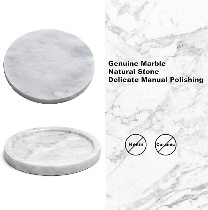 Natural Grey Marble Tray - Real Stone Decorative Tray, Genuine Marble for Bathroom, Kitchen, Dresser, Vanity - Holds Jewelry, Perfume, Shampoo - 8" Round