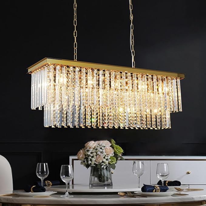 Modern Gold Crystal Chandelier, 39" Rectangle Oval Linear Pendant Light Fixture for Dining Room, Kitchen Island, Living Room, Bar