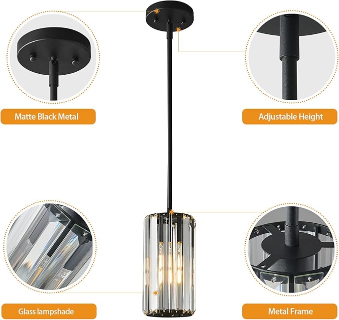 Black Pendant Lighting Modern Pendant Light Mini Crystal Chandeliers Adjustable Pendant Light Fixture for Kitchen Island Dinning Room Corridor Bedroom(Black 1-Light)