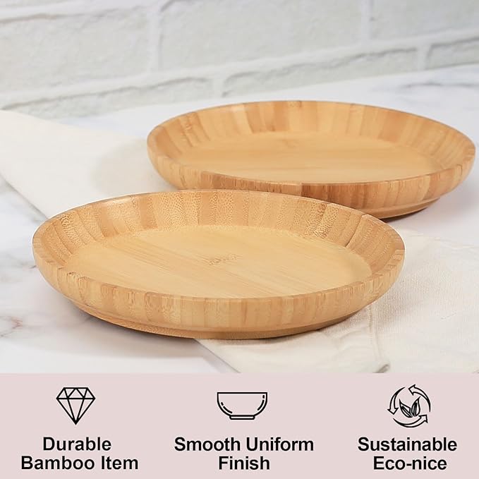 Bamboo Dinner Plates Set of 2, 7.5-inch Wooden Serving Plates with Raised Edges for Snack/Dessert, Round Lightweight Dishes Doubles as Pasta Bowls for Fruit/Salads, Wide and Shallow