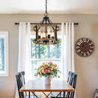 4-Light Farmhouse Chandelier, 12.5 Inch Rustic Black and Vintage Wood Finish Chandeliers for Dining Room Light Fixture, Adjustable Height Hanging Light for Kitchen Island, Entryway, Indoor