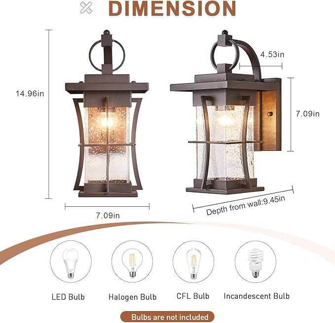 Oil Rubbed Bronze Outdoor Light Sconces Wall Mount Matte Brown Outdoor Wall Lamp Large Exterior Porch Wall Lantern with Seeded Glass 15" Outside Lights for House, Front Door, Patio, Backyard