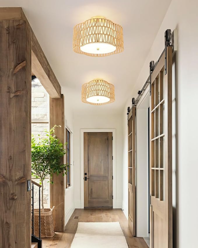 WILON Rattan Flush Mount Ceiling Light, 3-Light Boho Light Fixture with Fabric Shade, Woven Wicker Semi Flush Mount Light Fixture for Hallway Entryway Nursery Bedroom Kitchen Laundry Room
