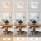 3-Light Semi Flush Mount Ceiling Light,16" Close to Ceiling Light Fixtures with Farmhouse Fabric Linen Shade, Double Drum Gold Flush Mount Ceiling Light for Bedroom Living Room Kitchen Dining Room