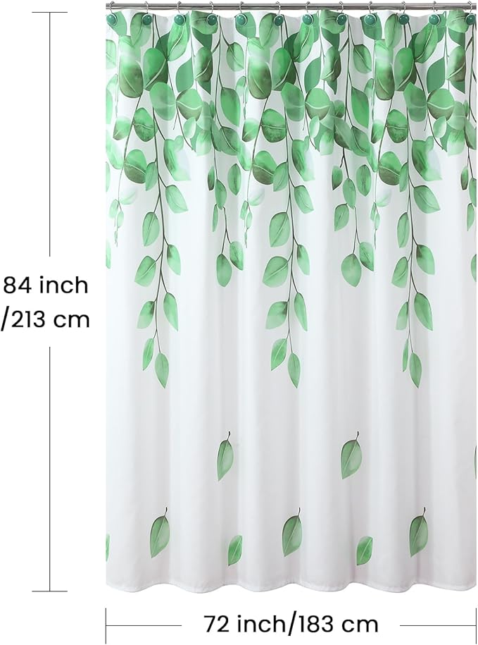 Extra Long Fabric Shower Curtain, Green Watercolor Eucalyptus Leaves Shower Curtain for Bathroom, 72" W x 84" H