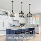 Cage Farmhouse Chandelier,Modern Pendant Light Fixture, Adjustable Height Industrial Black Chandeliers Pendant Light for Dining Room,Kitchen Island,Entryway-4 Light