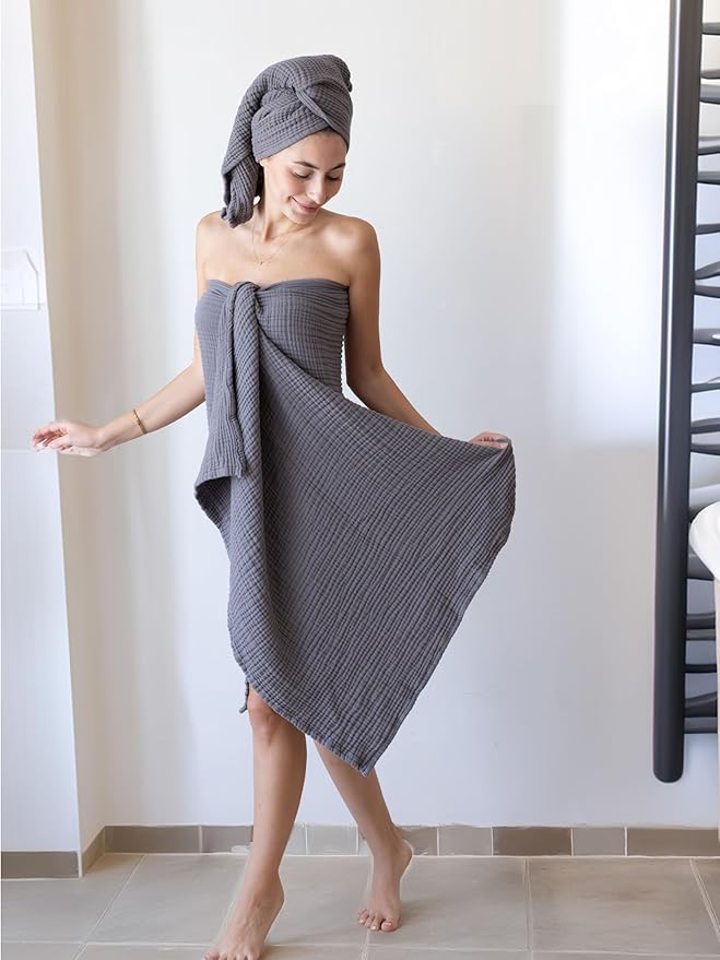 4 Pieces Muslin Towel Set for Bathroom, Luxury 100% Turkish Cotton Thin Soft Quick-Dry Lint-Free Large Size Bath Hand Towel Sets (Dark Gray, 2 Bath & 2 Hand Towel Set)
