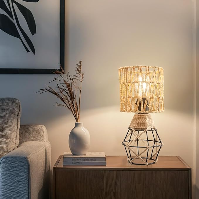 Hamilyeah Boho Table Lamps Set of 2, Industrial Bedside Lamps with Woven Shade, Farmhouse Lamps for Night Stands with On/Off Switch, Modern Simple Desk Lamps for Bedroom, Living Room, Office