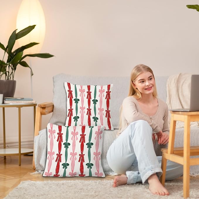 JINYO Retro Red and Green Christmas Ribbon Bow Pillow Covers 18x18, Coquette Christmas Decor, Preppy Red Green and Pink Xmas Throw Pillow Covers for Home Living Room Bedroom Set of 2