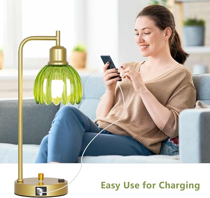 Vintage Table Lamp with USB Port and Outlet Set of 2, Green Glass Bedside Table Lamp For Bedroom, Retro Desk Lamps For Home Office, Mid Century Modern Small Night Stand Lamps, Gold Rustic Desk Light