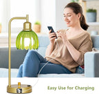 Vintage Table Lamp with USB Port and Outlet Set of 2, Green Glass Bedside Table Lamp For Bedroom, Retro Desk Lamps For Home Office, Mid Century Modern Small Night Stand Lamps, Gold Rustic Desk Light