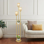HMVPL Gold Standing Lamp with Shelf, Vintage Floor Lamp for Living Room, Retro Floor Lamp with Table, Mid Century Tall Lamp with Amber Crystal Shade, On/Off Switch, Brass Boho Corner Lamp for Bedroom