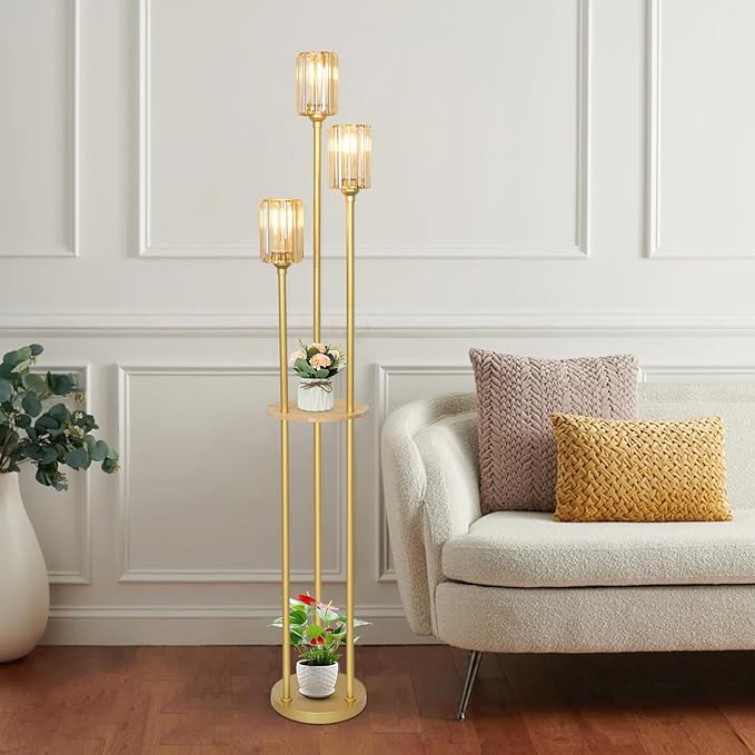 HMVPL Gold Standing Lamp with Shelf, Vintage Floor Lamp for Living Room, Retro Floor Lamp with Table, Mid Century Tall Lamp with Amber Crystal Shade, On/Off Switch, Brass Boho Corner Lamp for Bedroom