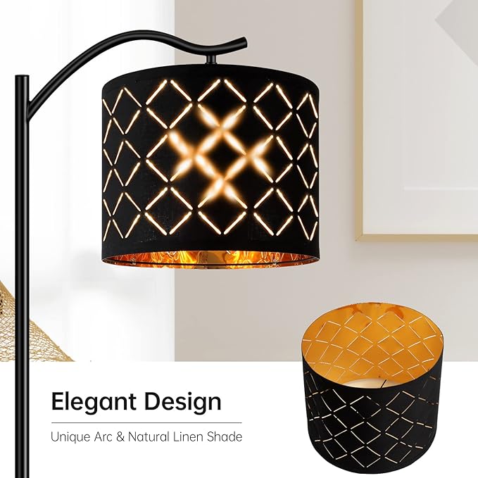 BoostArea 8W LED Arched Floor Lamp with Natural Linen Shade, Tall Modern Standing Lamp for Living Room, Office, Laser Square Shade