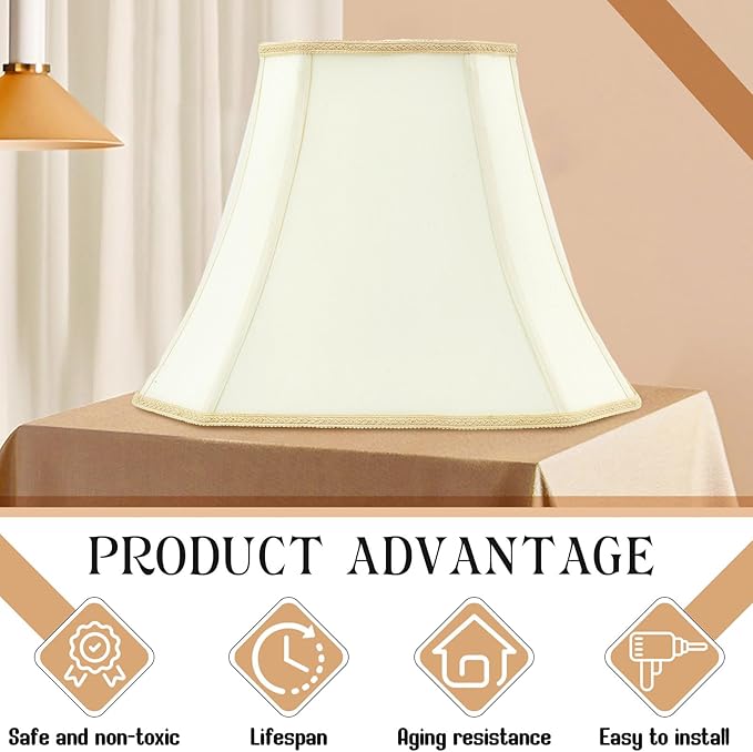 Set of 2 Medium Bell Lamp Shade 6.25" x 8" Top 11" x 16" Bottom 12" High (Spider) Rectangle Cut Square Replacement Vintage Silk Lampshade for Table Floor Living Room Bedroom (Eggshell)