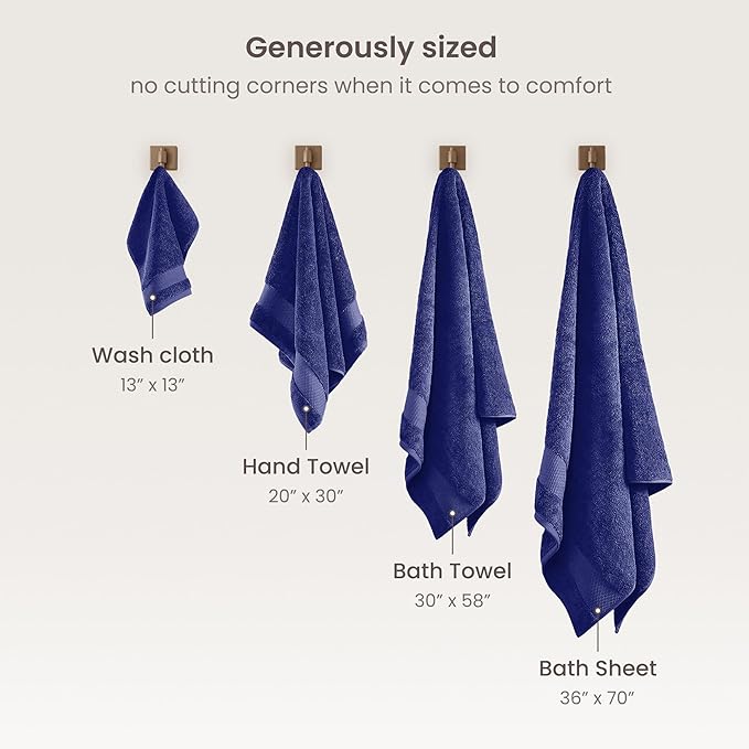 BIOWEAVES 100% Organic Cotton 700 GSM Plush Luxury Bath Towels for Bathroom 30" x 58" GOTS Certified - Navy Blue, Pack of 2