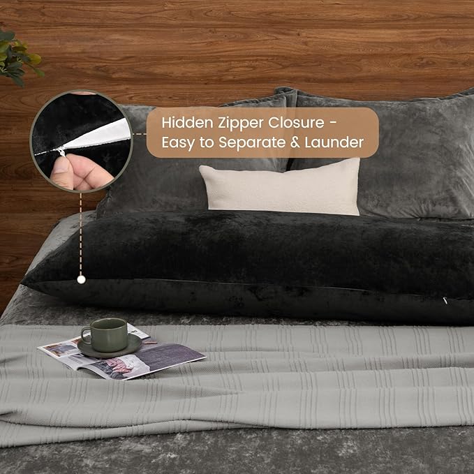 PHF Truly Velvet Zippered Body Pillowcase, No Insert, 1 Pack Ultra Soft Breathable Pillow Sham Cover with Zipper, 20"X 54" Long Luxury Cozy Warm Fuzzy Flannel Body Pillow Case, Black
